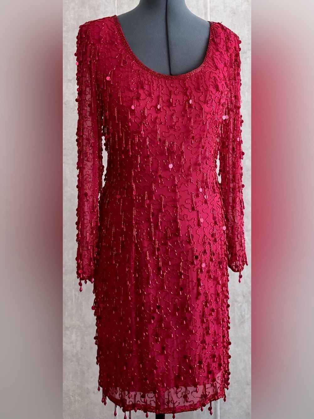 Vintage 90s Oleg Cassini Red Beaded Sequin Fringe Silk Evening Gown Dress 4